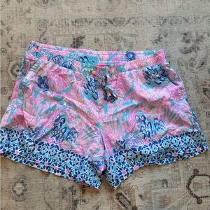 Lilly Pulitzer Pink and Blue Cargo Shorts with Playful Patterns